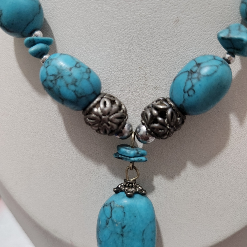 VINTAGE Turquoise Beaded Necklace Sterling Silver - Picture 2 of 7
